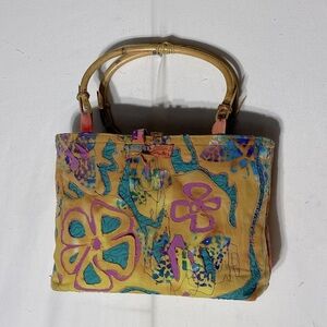 Vibrant Cutout Layered Print Wood Handle Small Handbag